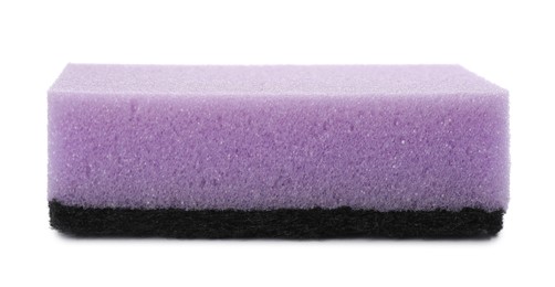 Photo of Purple cleaning sponge with abrasive black scourer isolated on white