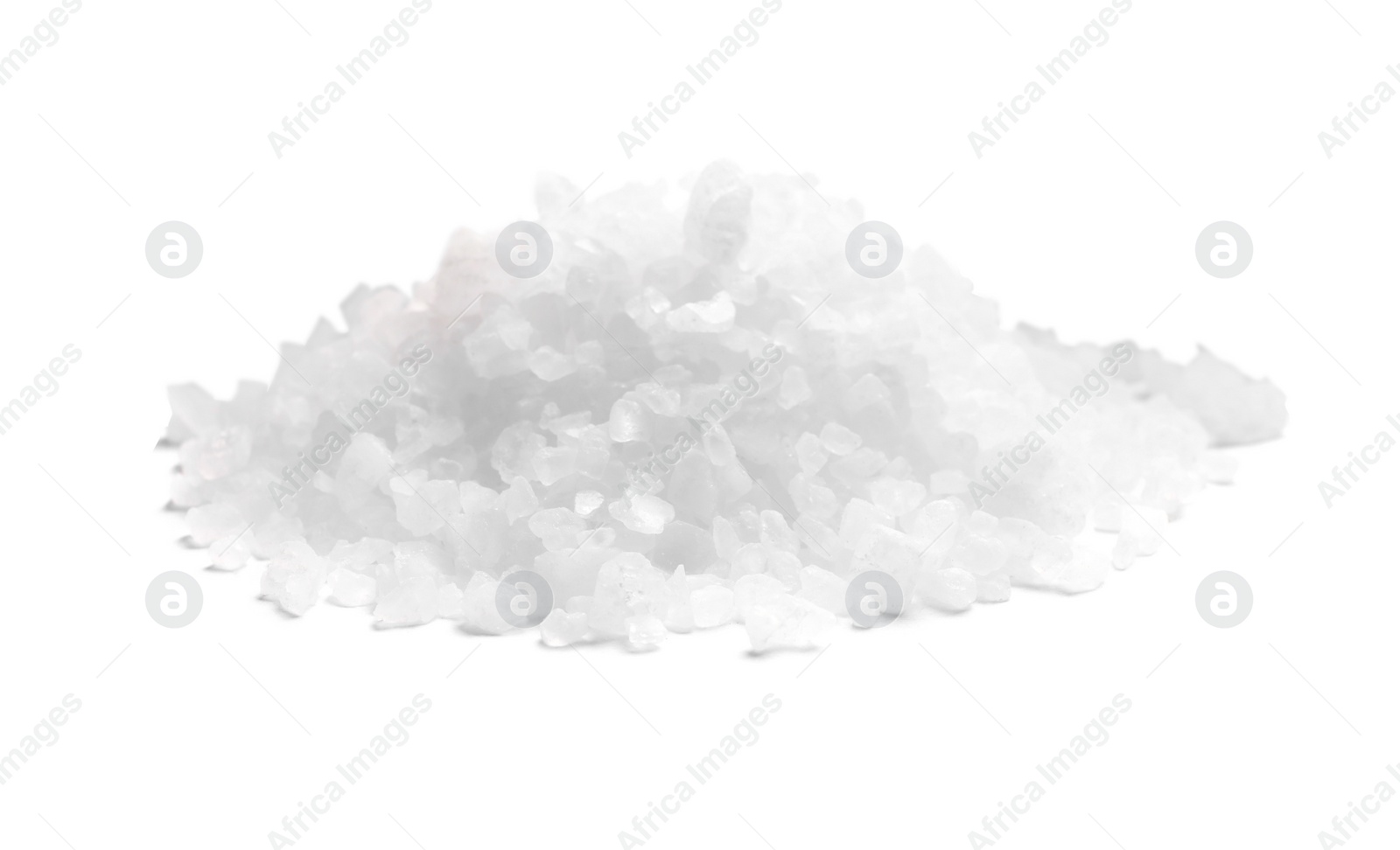 Photo of Heap of natural sea salt on white background