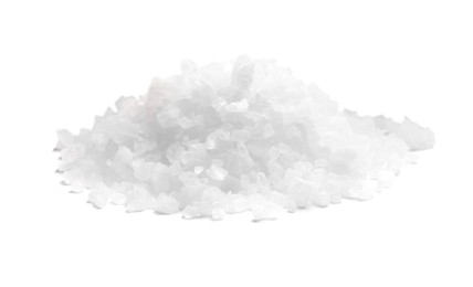 Photo of Heap of natural sea salt on white background