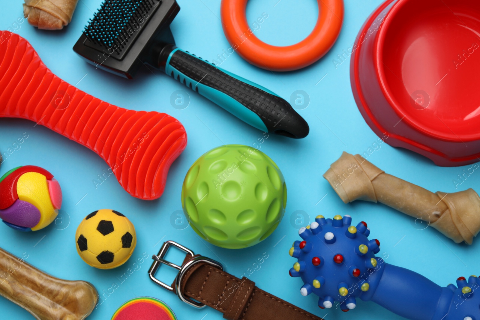 Photo of Flat lay composition with different pet toys and accessories on light blue background