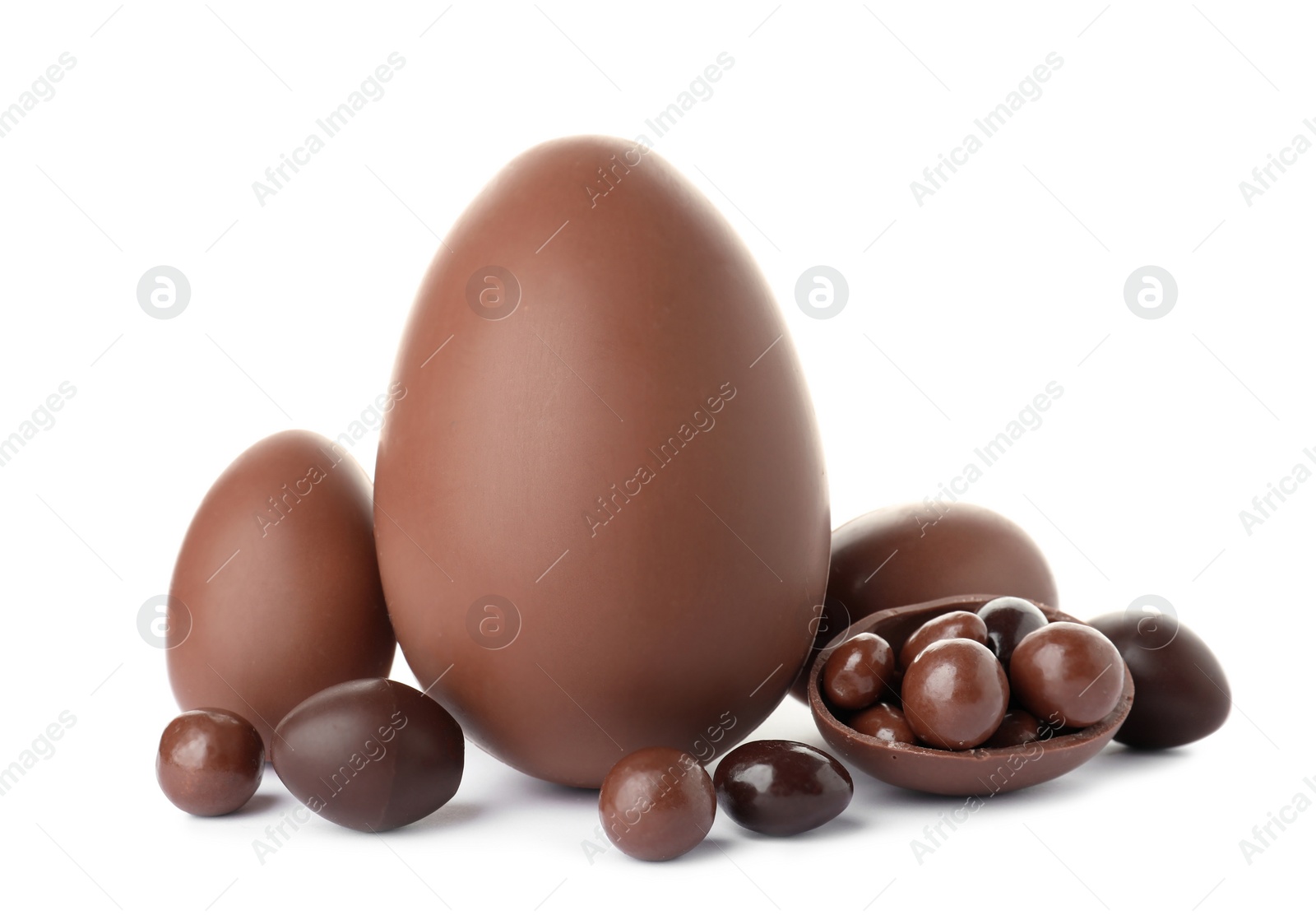 Photo of Tasty chocolate Easter eggs on white background