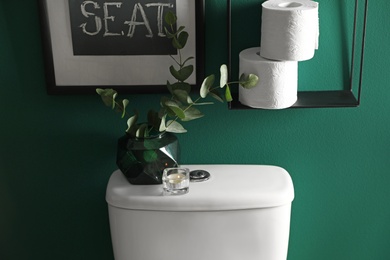 Decor elements, paper rolls and toilet bowl near green wall. Bathroom interior