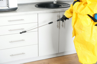 Photo of Pest control worker spraying pesticide in kitchen, closeup