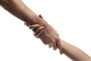 Photo of Man and woman holding hands on white background, closeup. Help and support concept