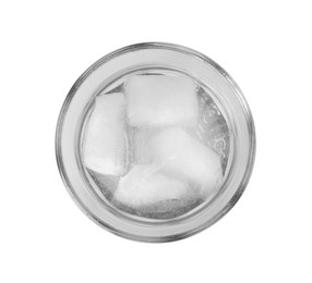 Glass of refreshing soda water with ice cubes isolated on white, top view