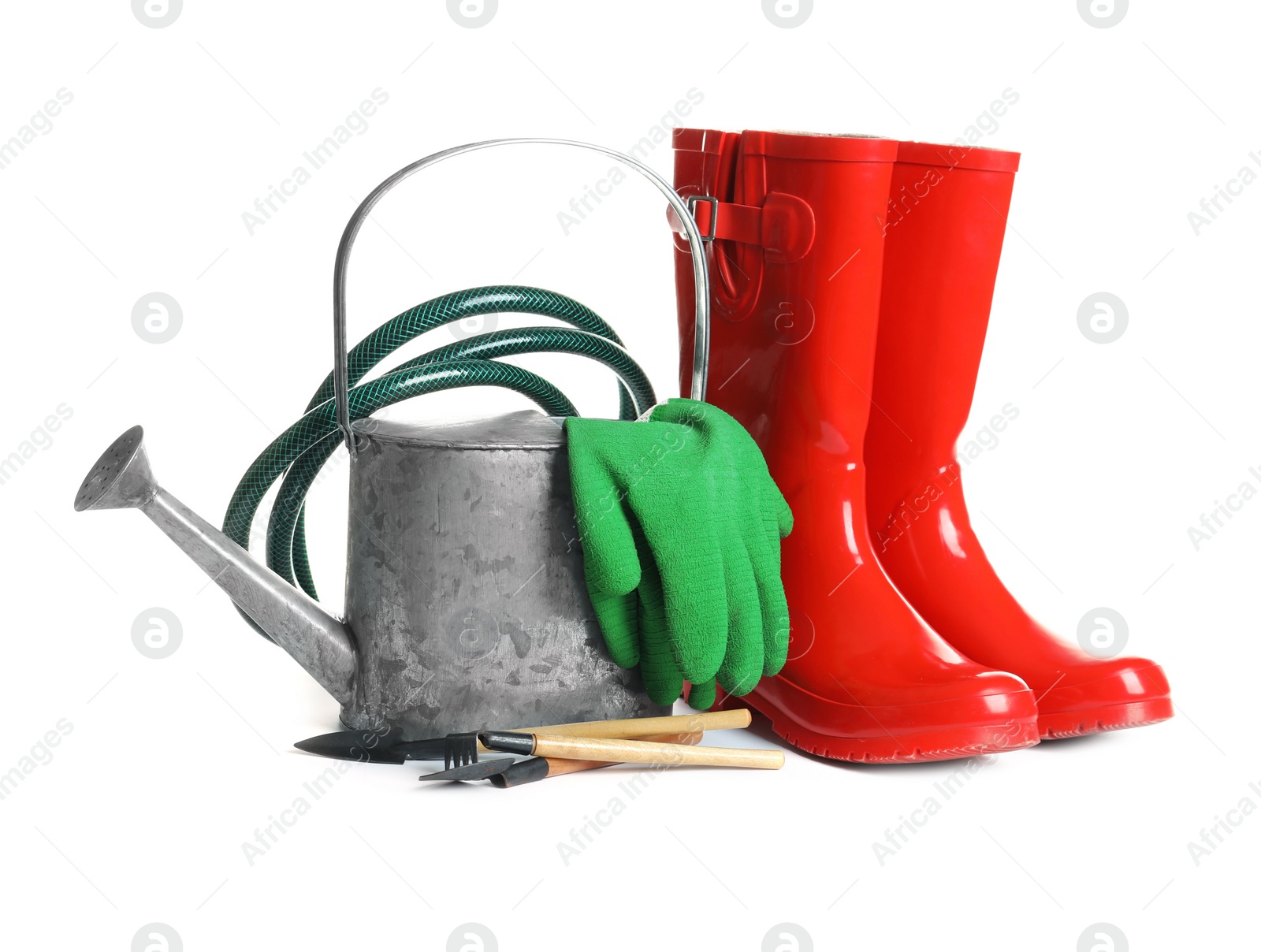 Photo of Rubber boots and gardening tools on white background