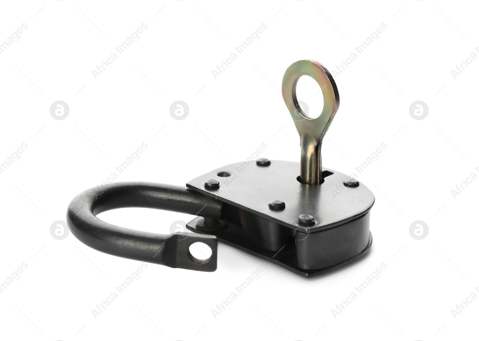 Photo of Vintage padlock with key isolated on white