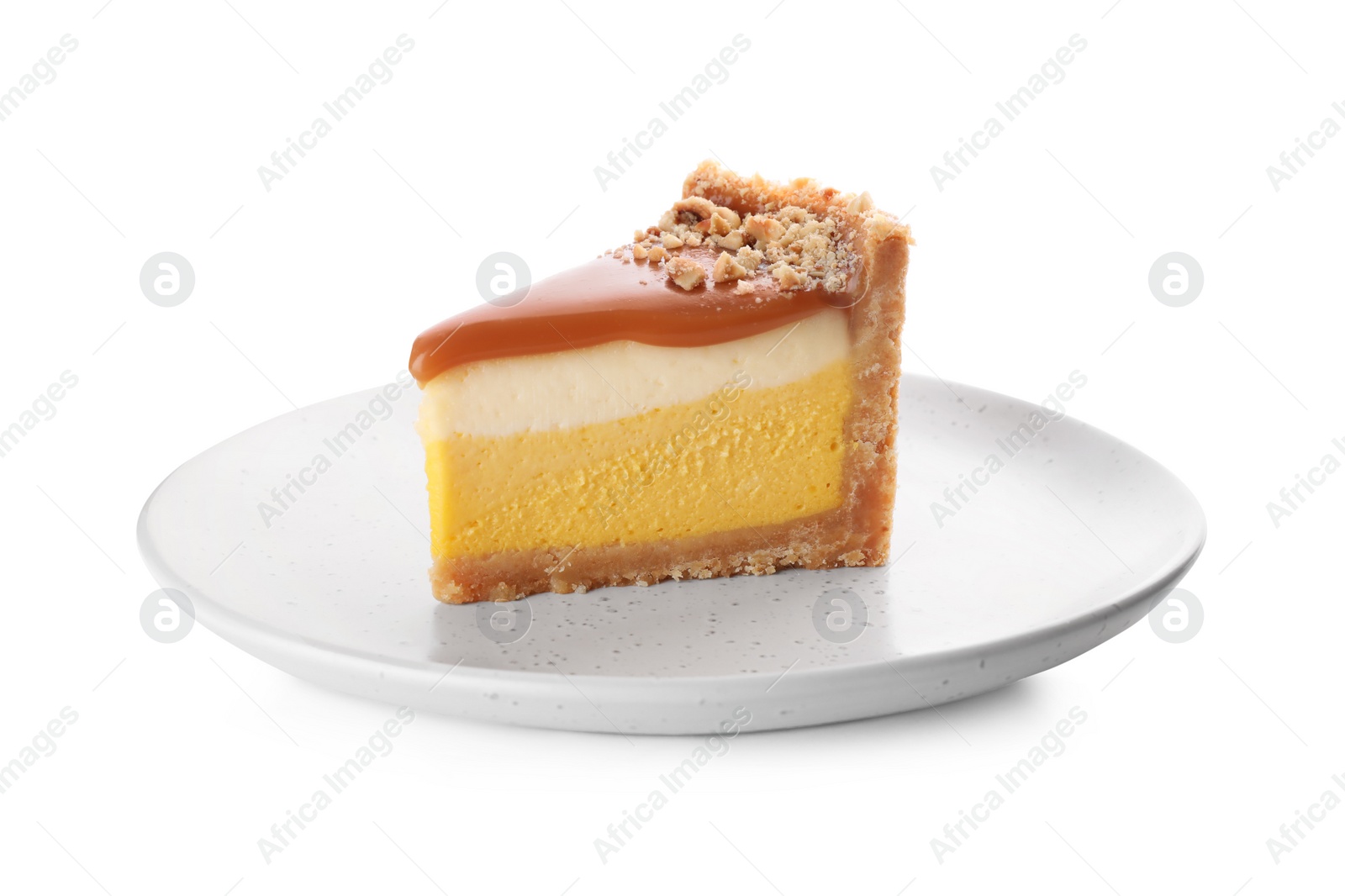 Photo of Piece of delicious cake with caramel isolated on white