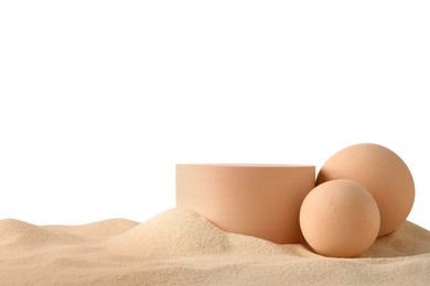 Photo of Presentation of product. Different podiums on sand against white background