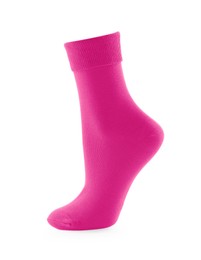 Photo of New pink sock isolated on white. Footwear accessory