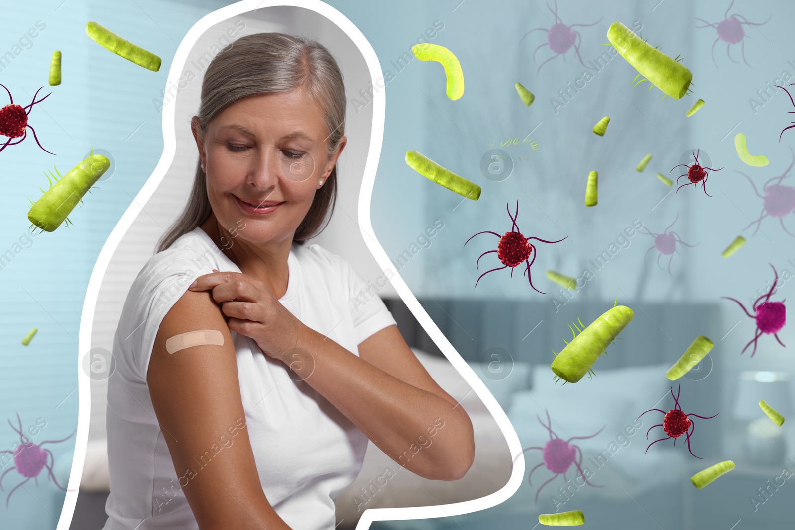 Image of Woman with strong immunity due to vaccination surrounded by viruses indoors