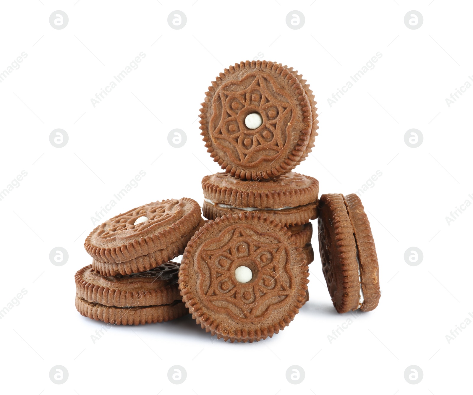 Photo of Tasty chocolate sandwich cookies on white background