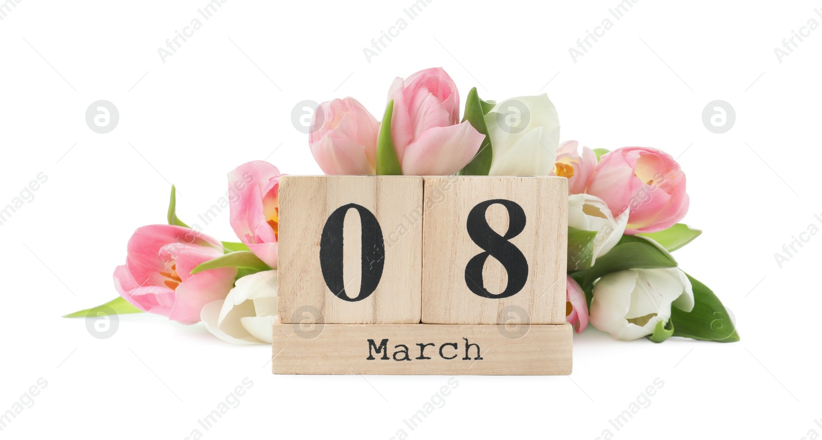 Photo of Wooden block calendar with date 8th of March and tulips on white background. International Women's Day