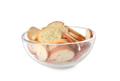 Photo of Crispy rusks with seasoning in bowl isolated on white