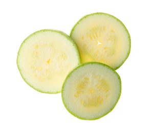 Photo of Slices of ripe zucchini on white background, top view