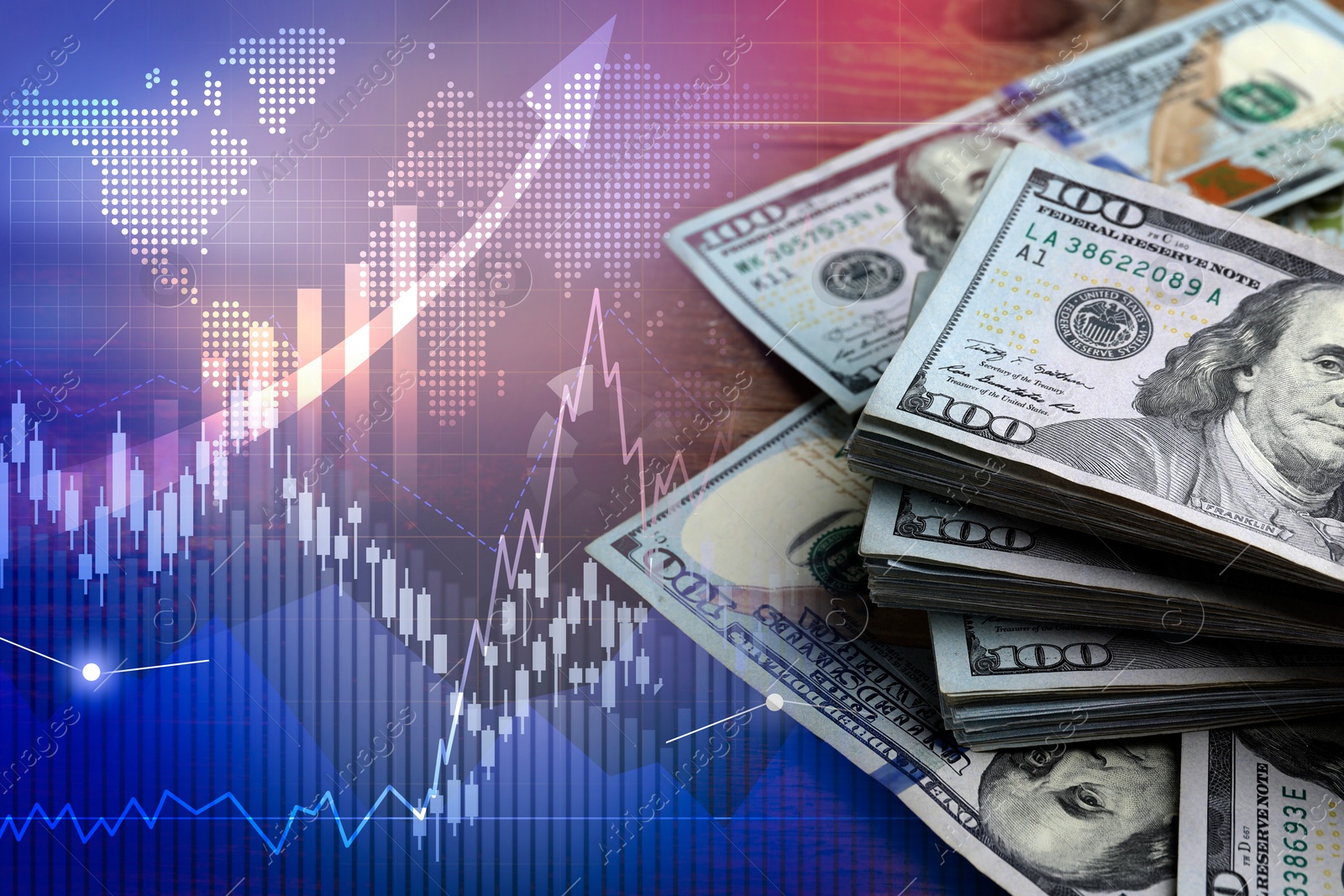 Image of Foreign exchange market. Double exposure of money, digital currency charts and world map, closeup