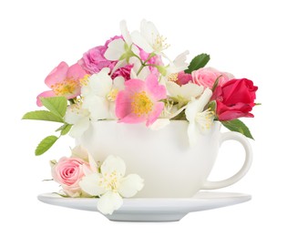 Photo of Aromatic herbal tea in cup with different flowers isolated on white