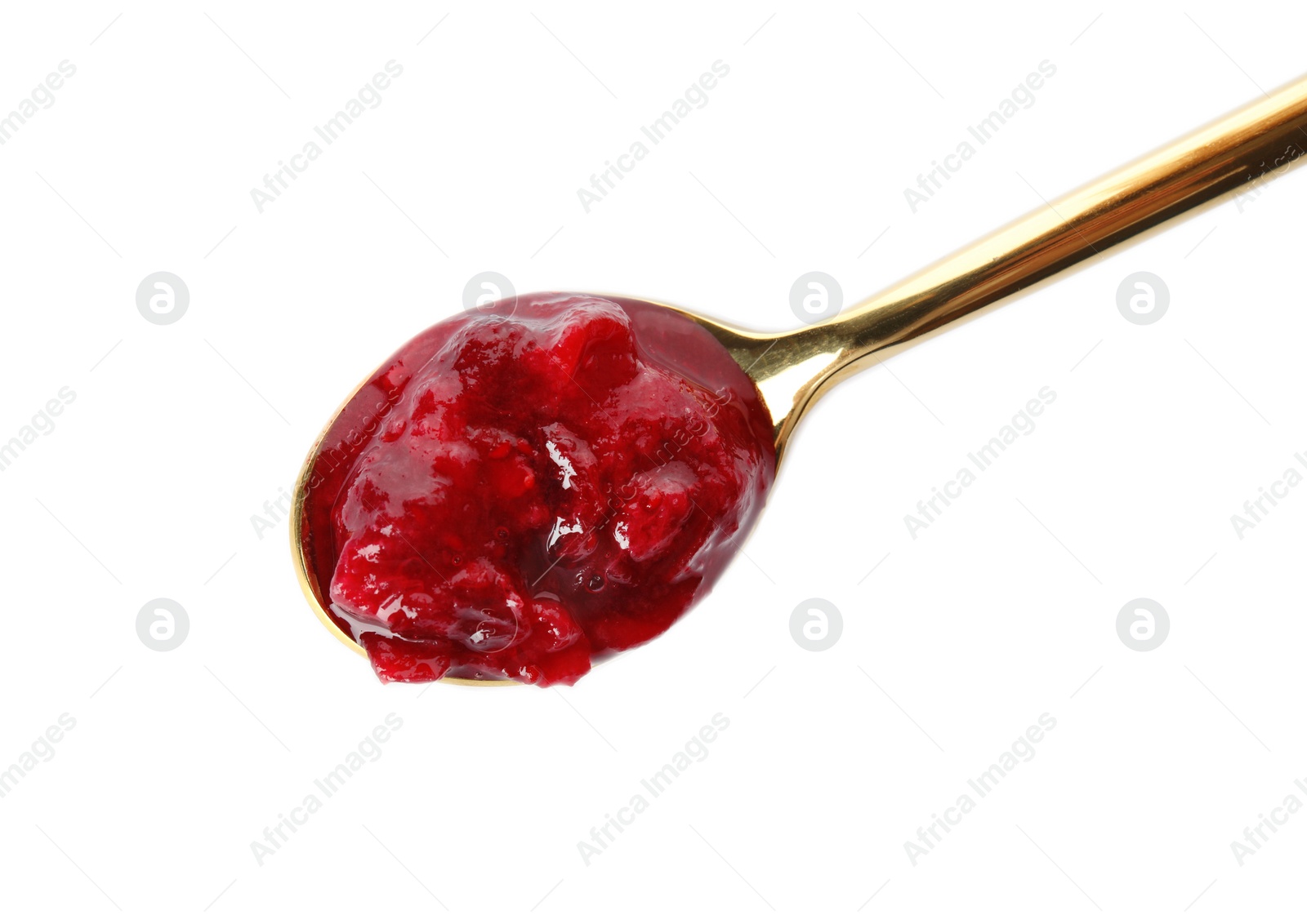 Photo of Spoon with cranberry sauce on white background, top view