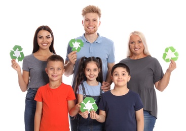 People with recycling symbols on white background