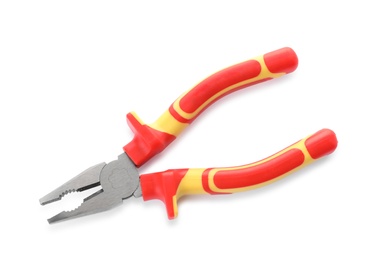 Color pliers on white background, top view. Electrician's tool