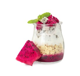 Photo of Glass jar of granola with different pitahayas, yogurt and mint on white background