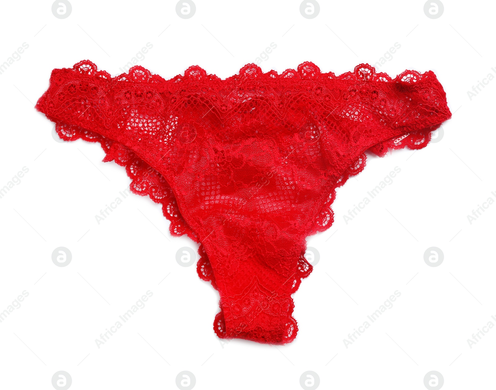 Photo of Elegant red women's underwear isolated on white, top view