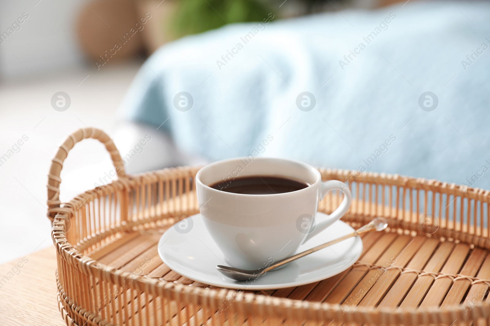 Photo of Tray with cup of fresh hot coffee at home