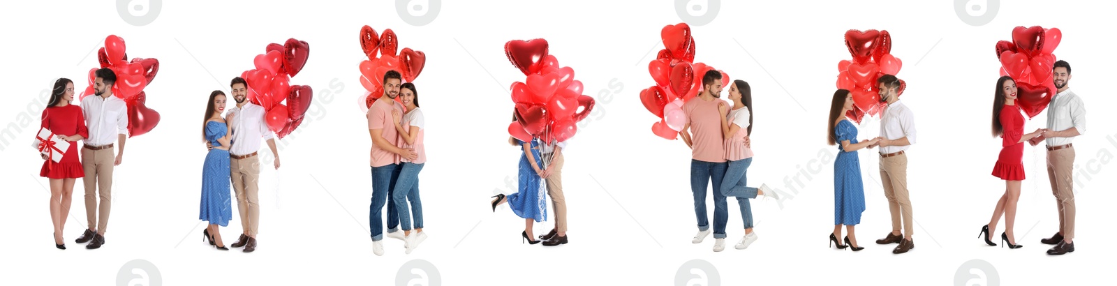 Image of Collage of happy young couples with heart shaped balloons on white background. Banner design