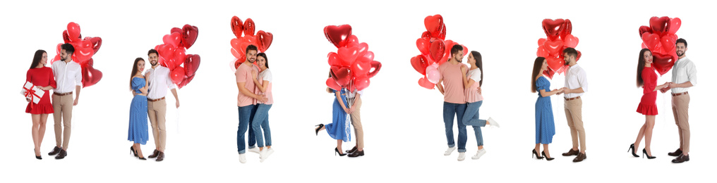 Image of Collage of happy young couples with heart shaped balloons on white background. Banner design