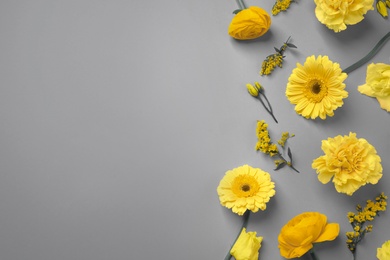 Image of Color of the year 2021. Beautiful yellow flowers and space for text on grey background, flat lay