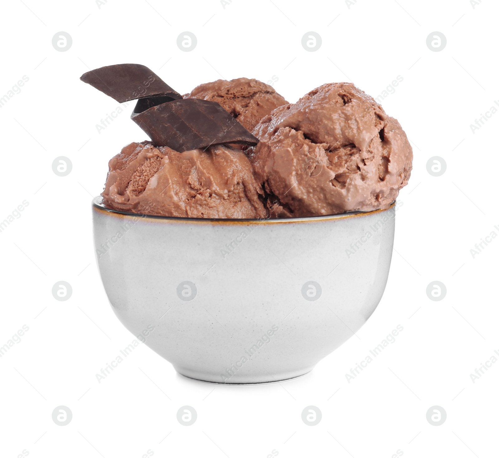 Photo of Delicious chocolate ice cream in bowl isolated on white