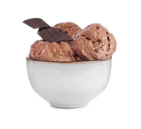 Delicious chocolate ice cream in bowl isolated on white