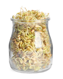 Photo of Jar of sprouted green buckwheat isolated on white