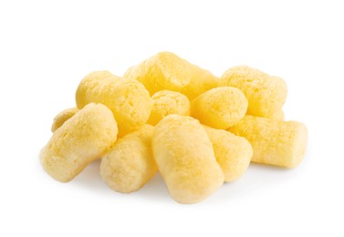 Pile of tasty corn puffs on white background