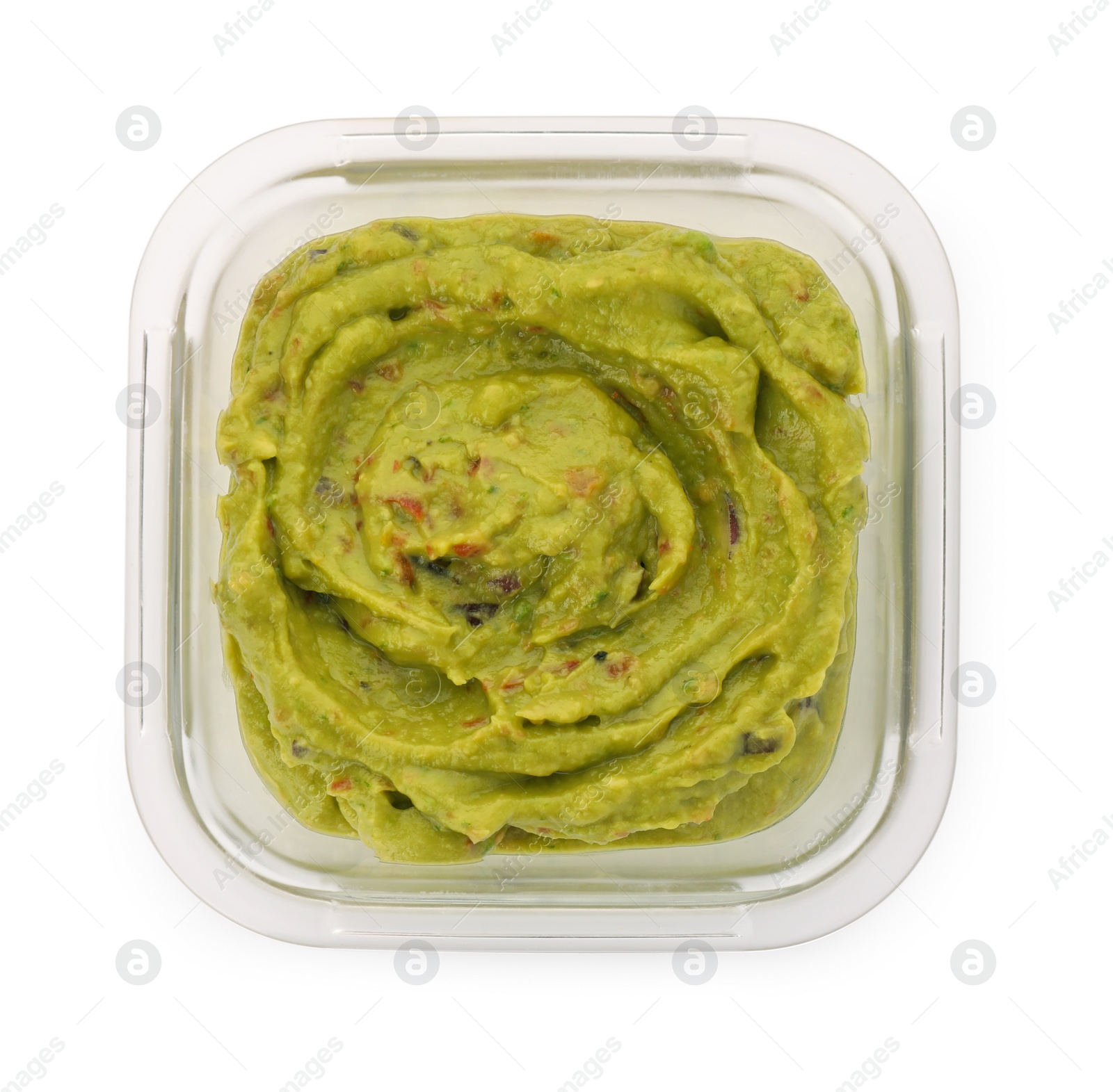Photo of Bowl of delicious guacamole isolated on white, top view