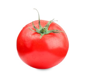 Photo of One red ripe tomato with water drops isolated on white