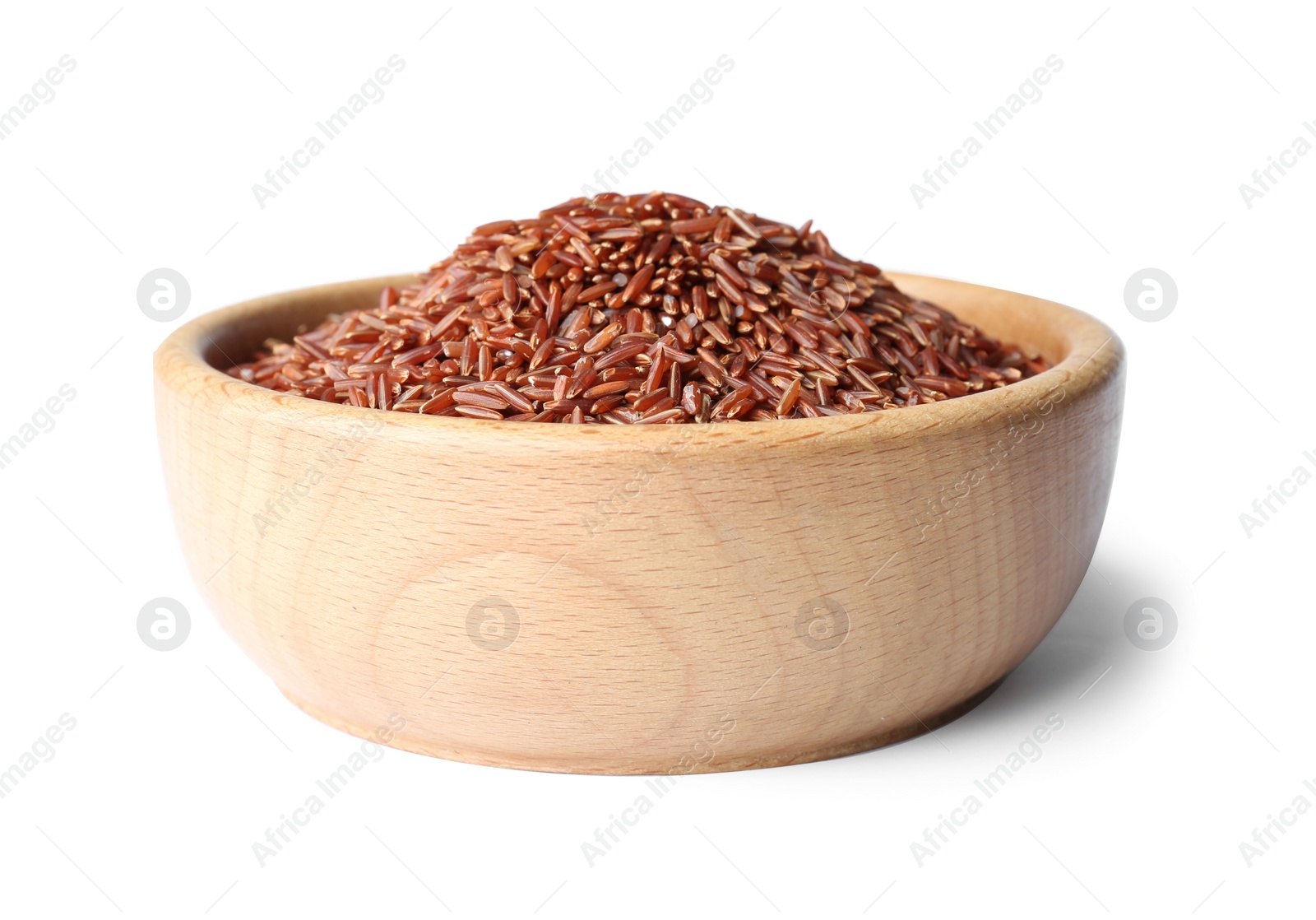 Photo of Bowl with uncooked brown rice on white background