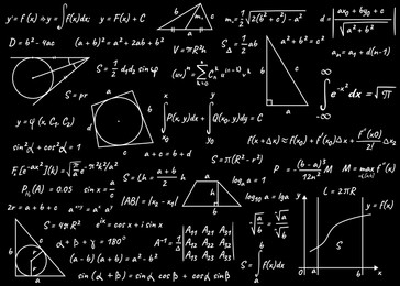 Image of Many different math formulas written on blackboard. Algebra and Geometry