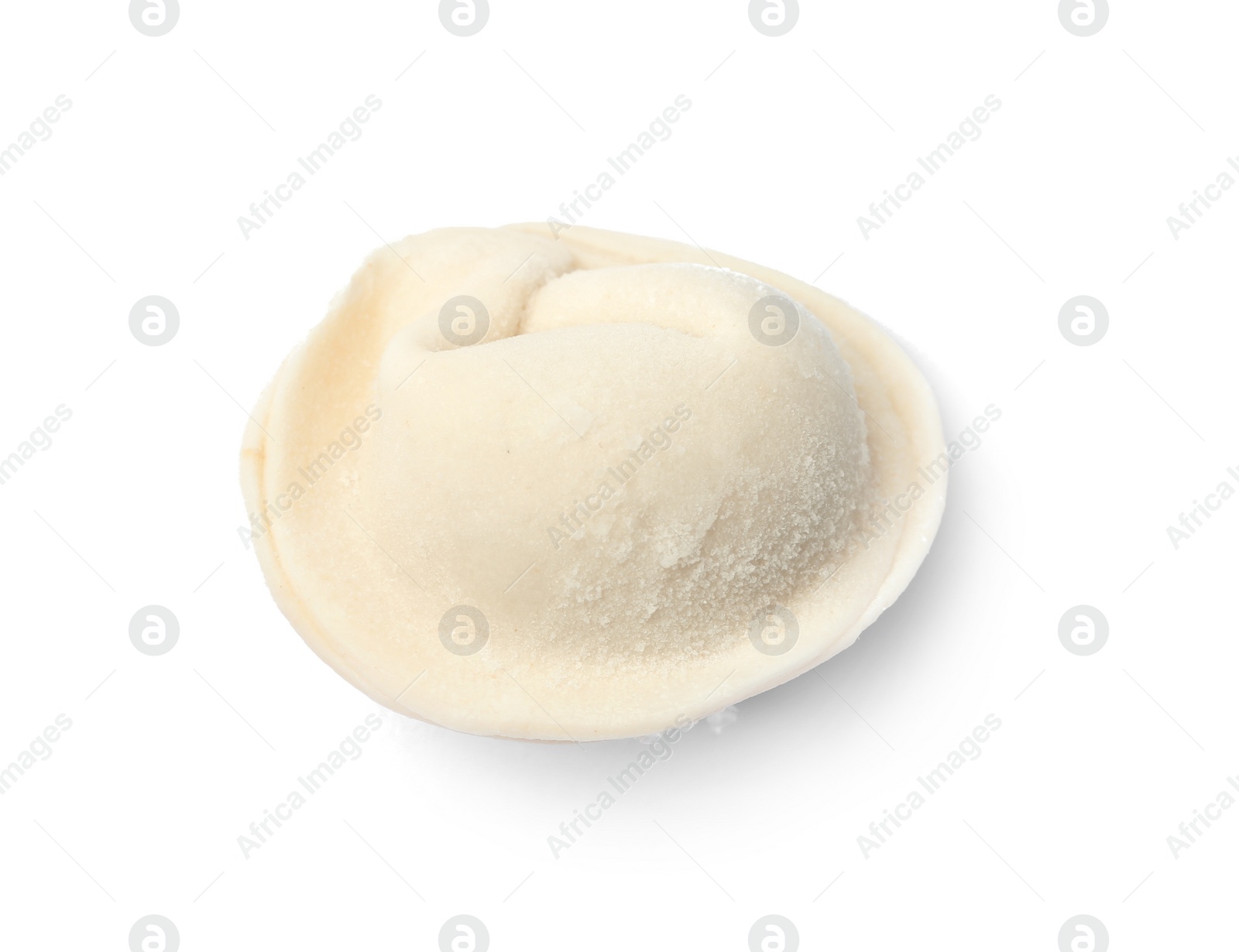 Photo of Frozen raw dumpling on white background. Traditional dish