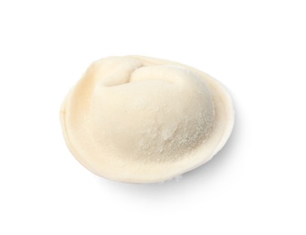 Photo of Frozen raw dumpling on white background. Traditional dish