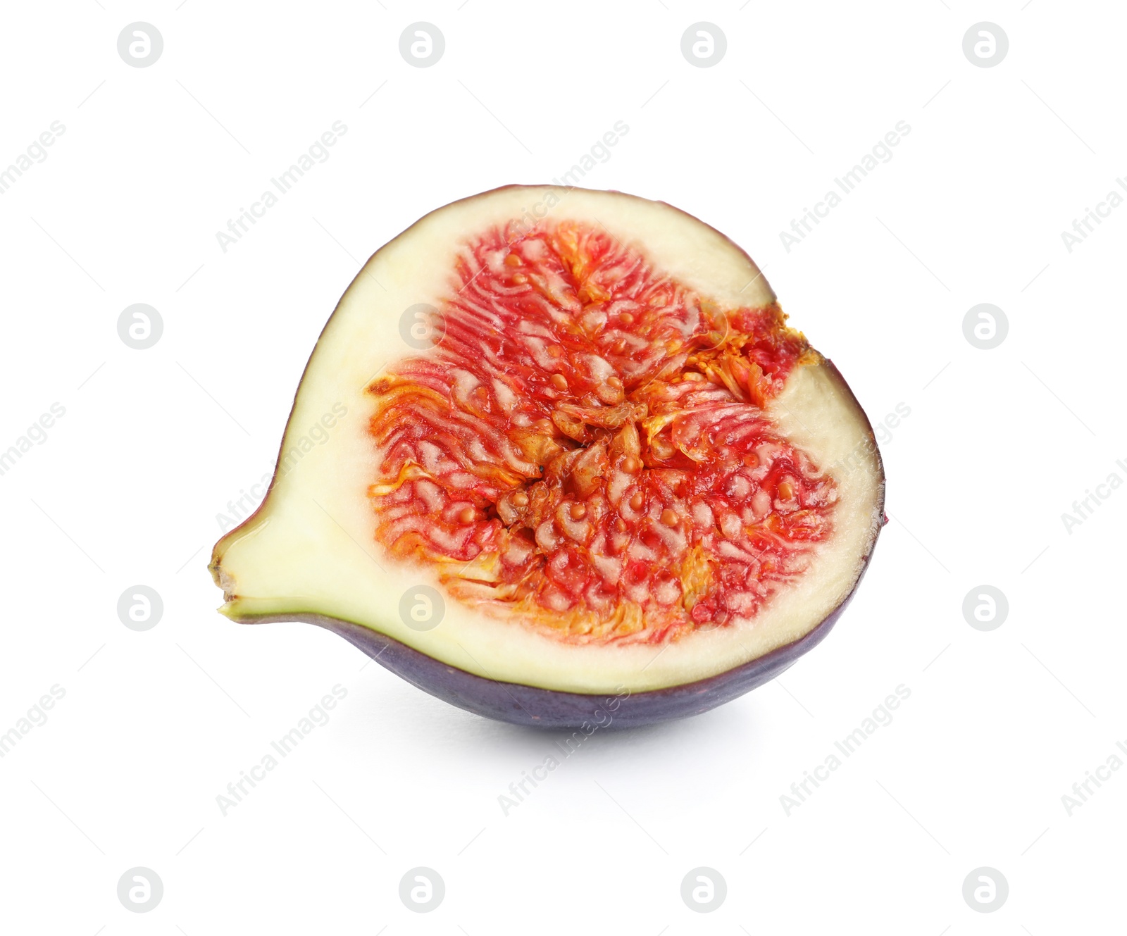 Photo of Half of ripe purple fig on white background