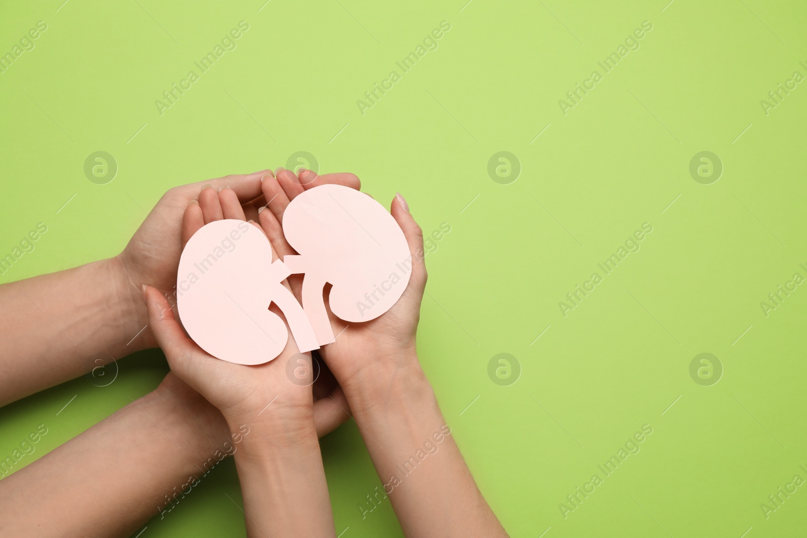 Photo of People holding paper cutout of kidneys on green background, top view. Space for text