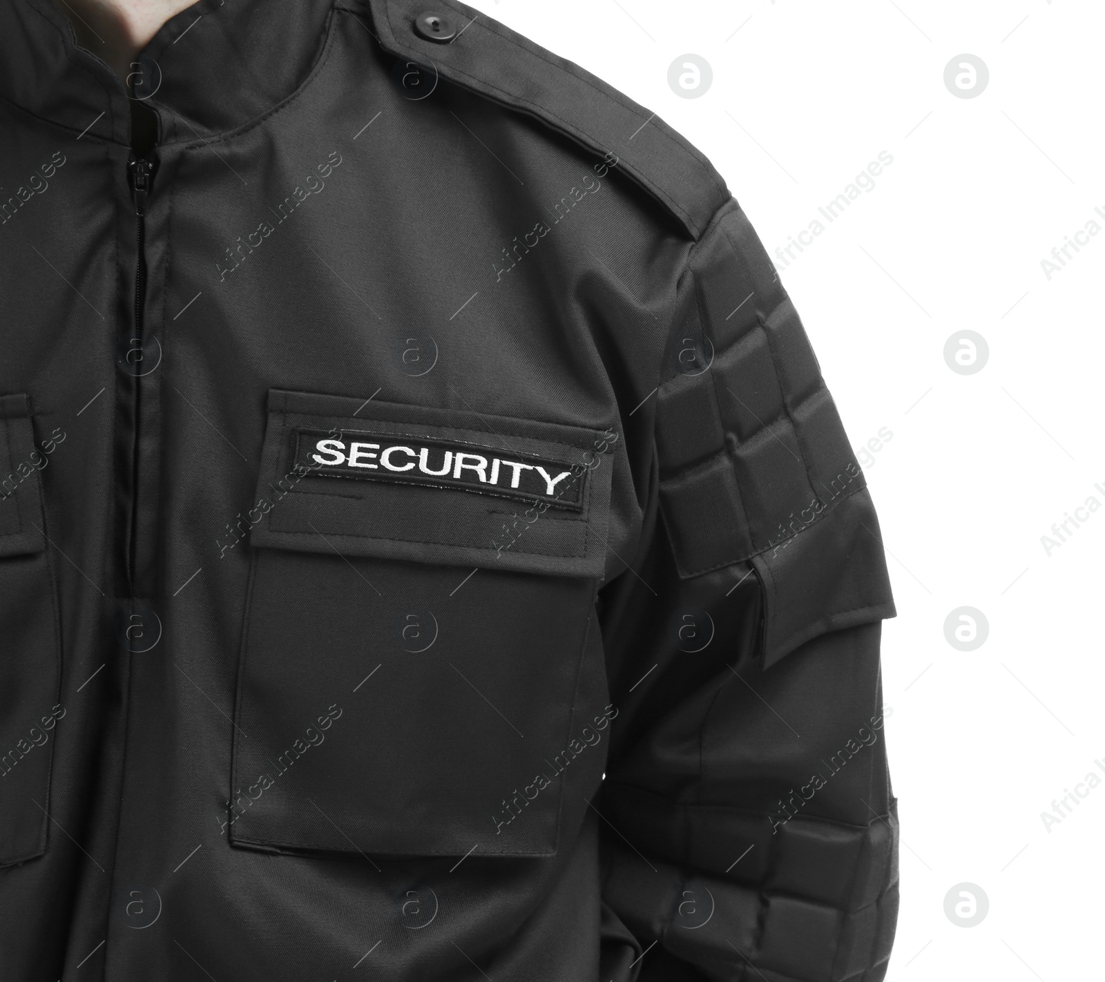 Photo of Male security guard in uniform on white background, closeup
