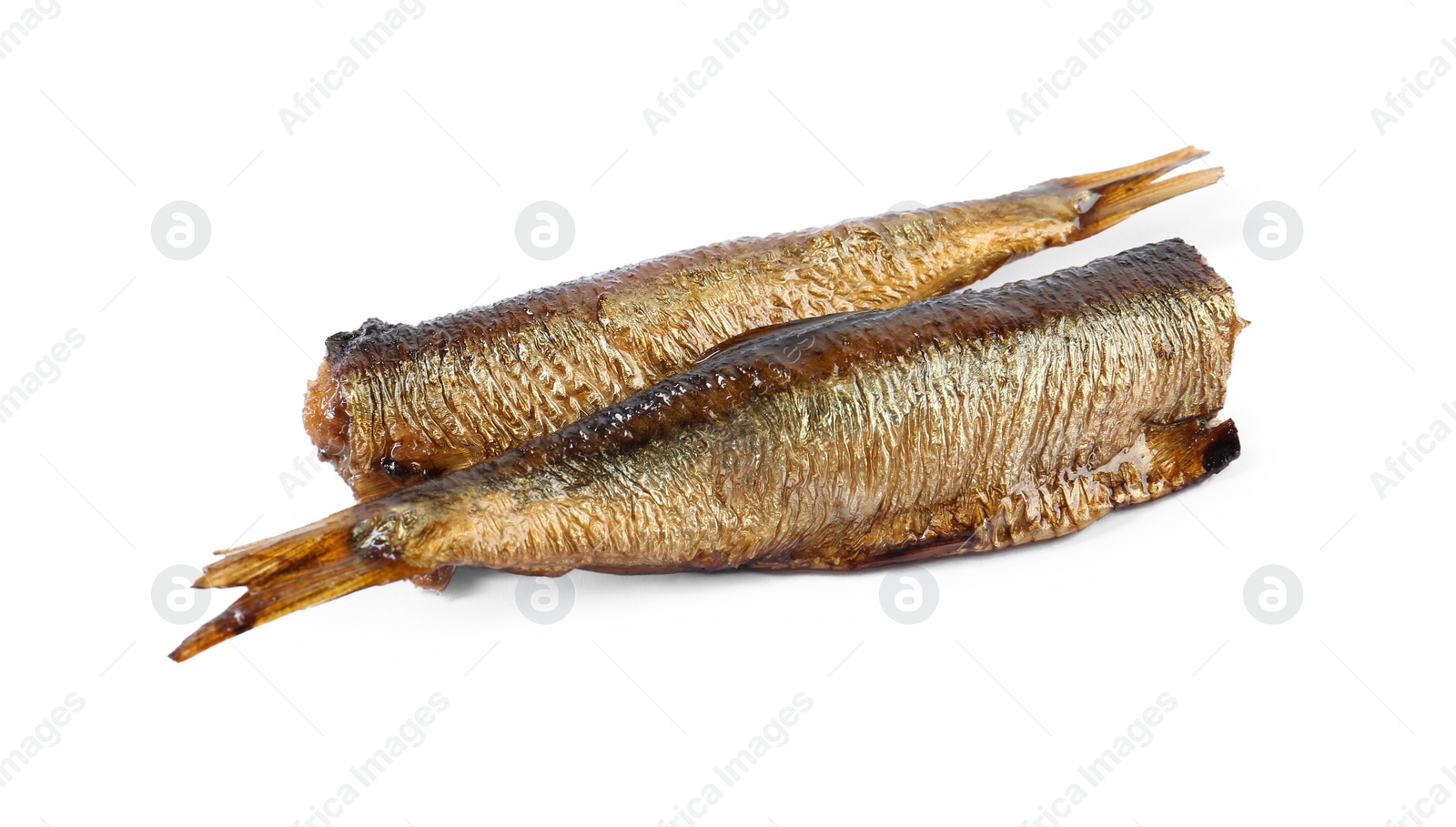 Photo of Two tasty smoked sprats isolated on white