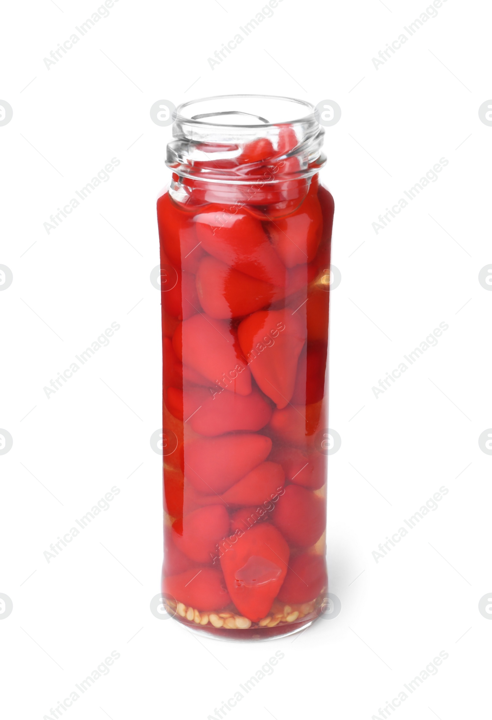 Photo of Jar with pickled hot peppers on white background