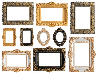 Set of different old fashioned frames on white background