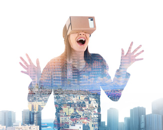 Image of Double exposure of woman using virtual reality headset and cityscape. Modern exposure 