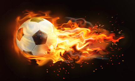 Image of Soccer ball with bright flame flying on black background