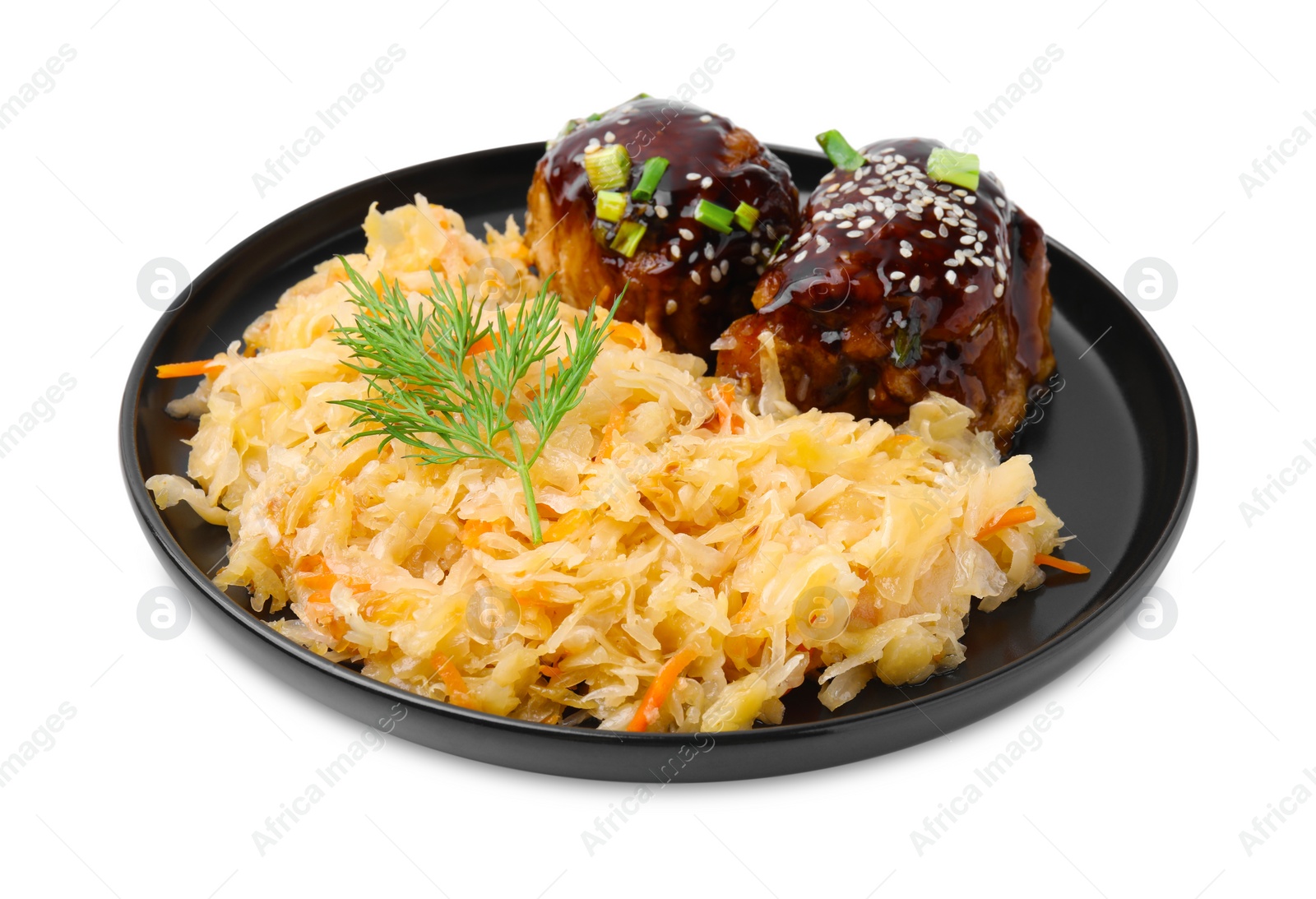 Photo of Plate with sauerkraut and chicken isolated on white