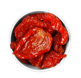 Bowl with sun dried tomatoes on white background, top view